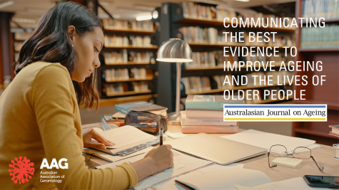 A female researcher sitting in a library writing with the caption: Communicating the best evidence to improve ageing and the lives of older people, with AAG and AJA logos