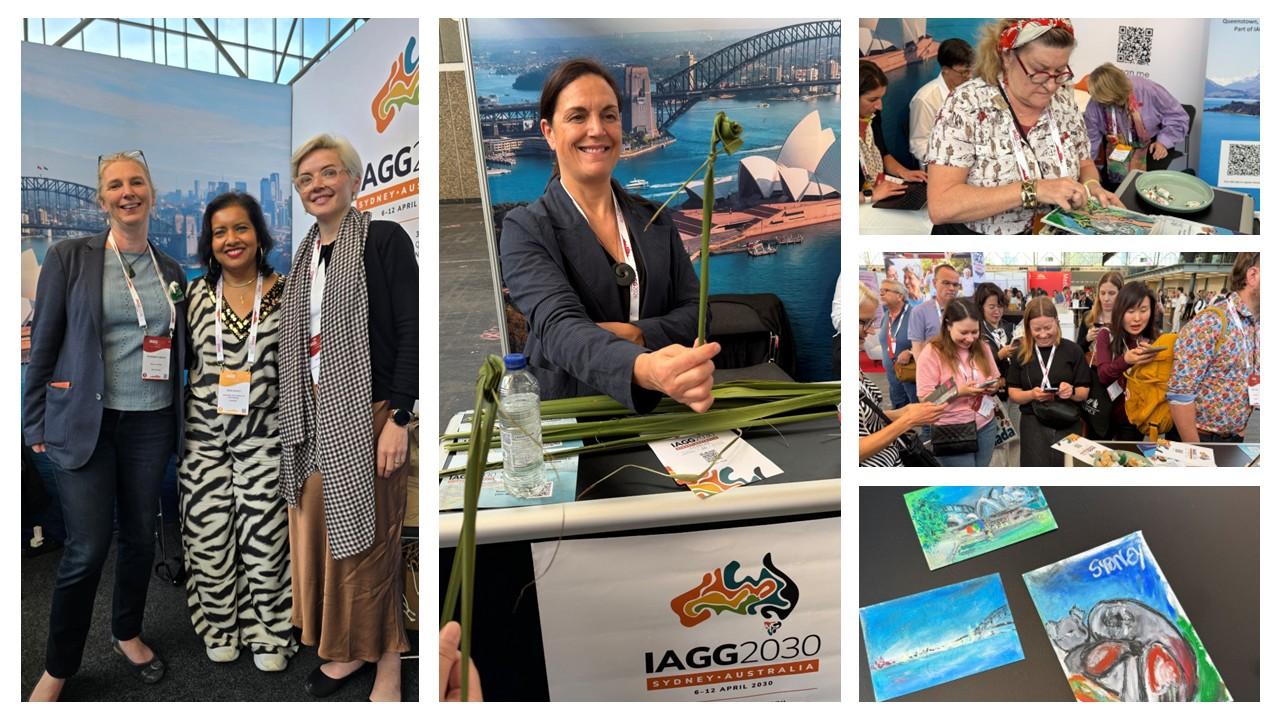 Collage of images from IAGG2026 featuring creative displays at the IAGG2030 expo booth