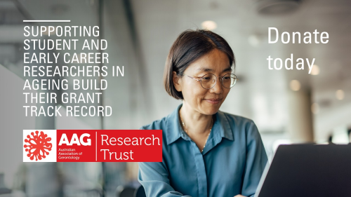 An AAG Research Trust promotional Image of a woman studying and words “Supporting student and early career researchers in ageing build their grant track record - Donate today”